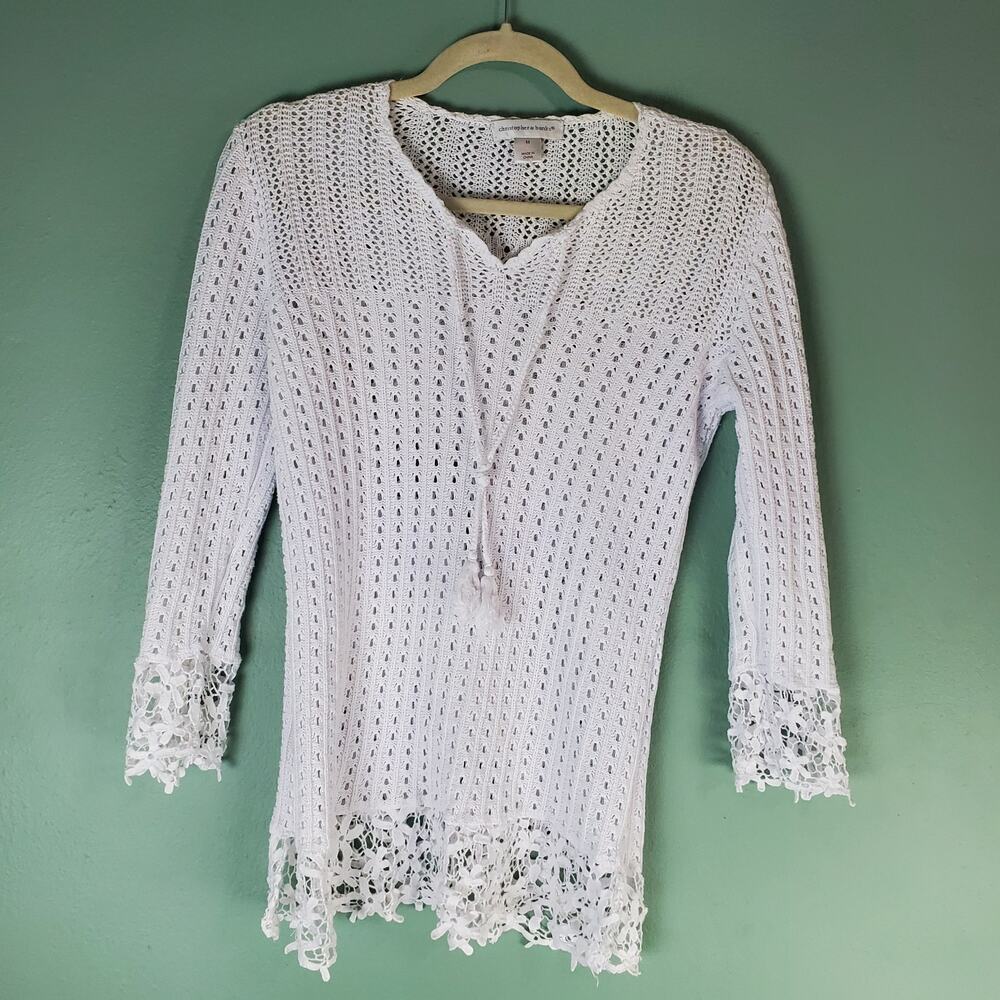 Christopher & Banks Womens White Open Knit Floral Lace Trim Top M Beachy Cottage
